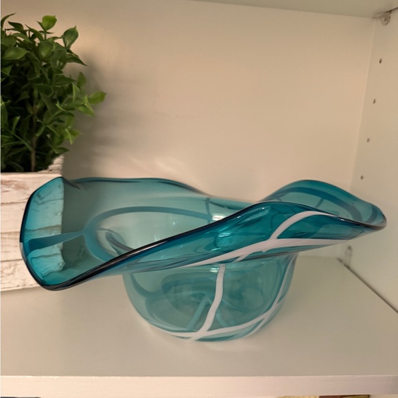 Glass Art Other - Handblown Aqua Blue Sombrero Freeform Abstract Art Glass Decorative Bowl